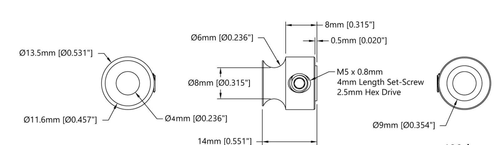 5401 Series Set Screw Round Belt Pulley (4mm Bore, 8mm PD) technical drawing