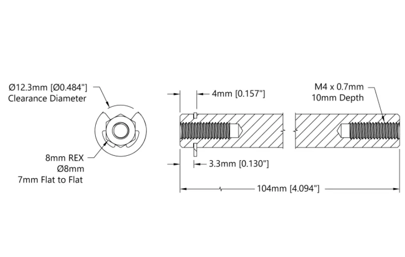4106 Series Stainless Steel REX Shaft (8mm Diameter, 104mm Length) technical drawing