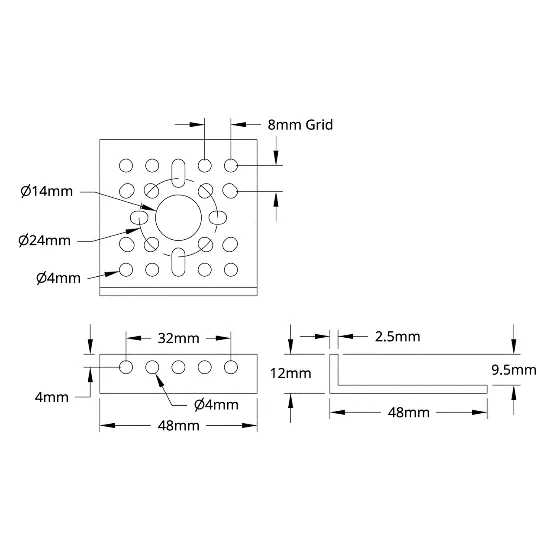 3112 Series Low-Side L-Channel (1 Hole, 48mm Length) technical drawing