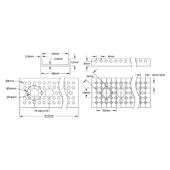3121 Series Low-Side U-Channel (37 Hole, 912mm Length) technical drawing