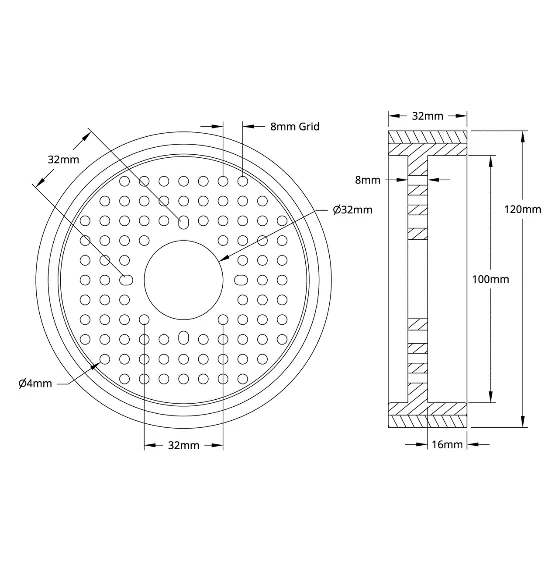 5614 Series Rhino Wheel (32mm Bore, 120mm Diameter, 30A Durometer) technical drawing