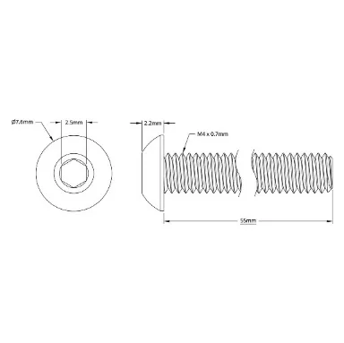 2802 Series Zinc-Plated Steel Button Head Screw (M4 x 0.7mm, 55mm Length) technical drawing