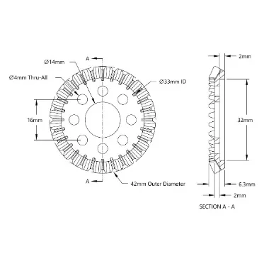 4307 Series Steel, MOD 1.5, Hub Mount Bevel Gear (14mm Bore, 28 Tooth) technical drawing