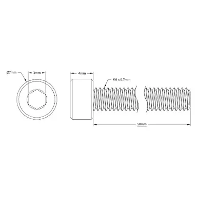 2800 Series Zinc-Plated Steel Socket Head Screw (M4 x 0.7mm, 50mm Length) technical drawing