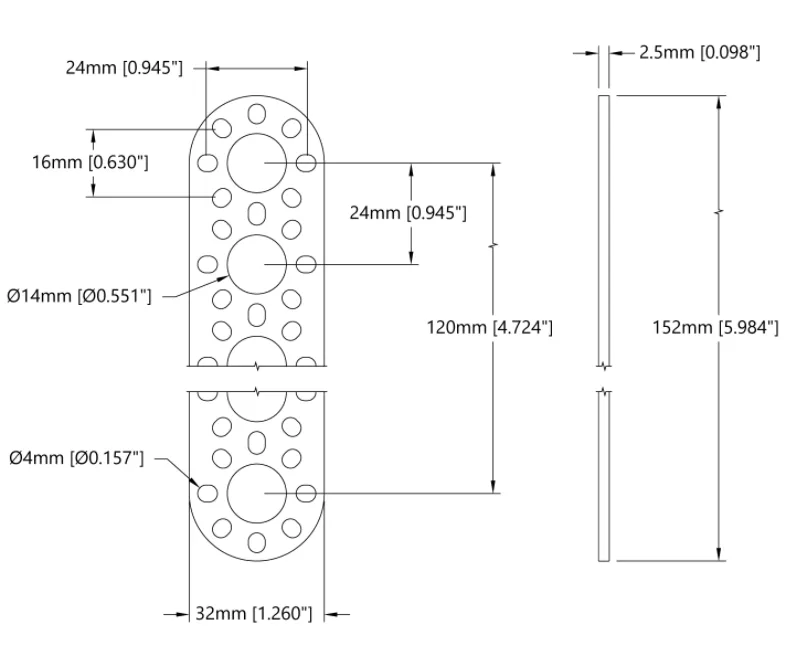 3105 Series Round-End Pattern Plate (6 Hole, 152mm Length) technical drawing