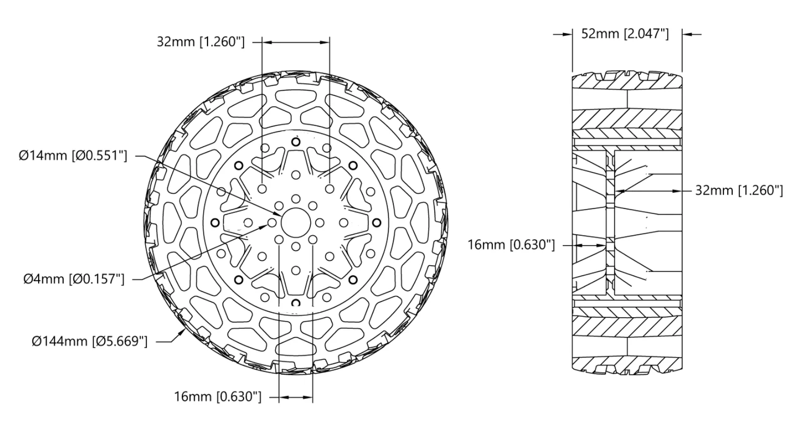 Wasteland Wheel (144mm Diameter, 52mm Width) technical drawing