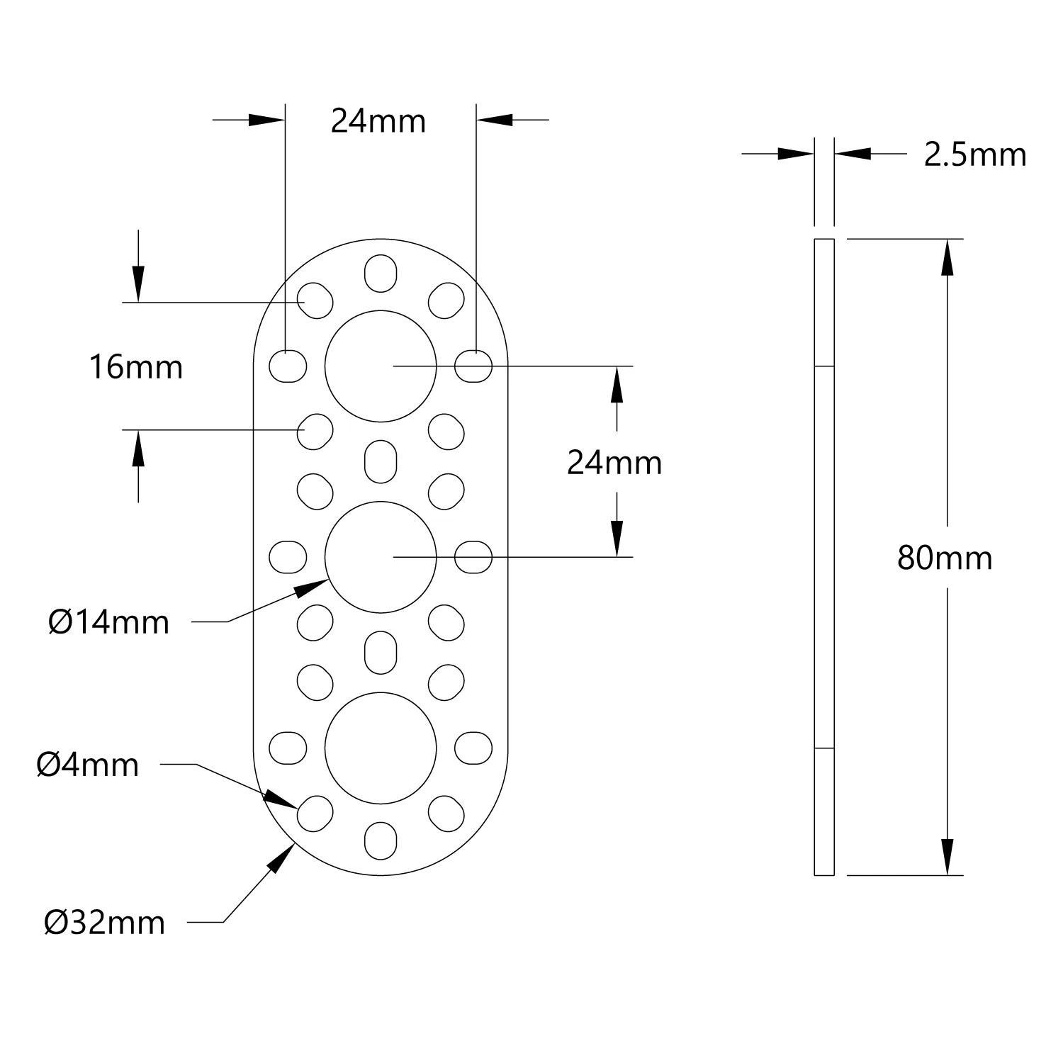 3105 Series Round-End Pattern Plate (3 Hole, 80mm Length) technical drawing