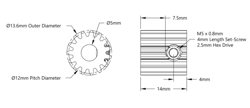 4303 Series Steel, MOD 0.8 Pinion Gear (5mm Round Bore, 15 Tooth) technical drawing