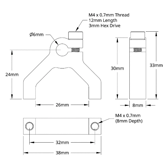3400 Series 1-Side, 2-Post Clamping Mount (6mm Bore) technical drawing