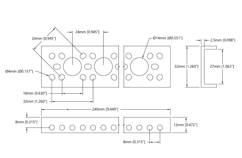 3143 Series Mini Low-Side U-Channel (9 Hole, 240mm Length) technical drawing