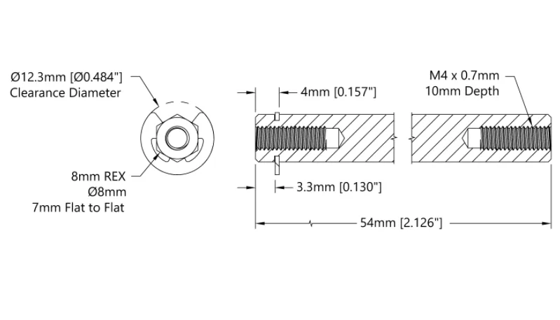 4106 Series Stainless Steel REX Shaft (8mm Diameter, 54mm Length) technical drawing