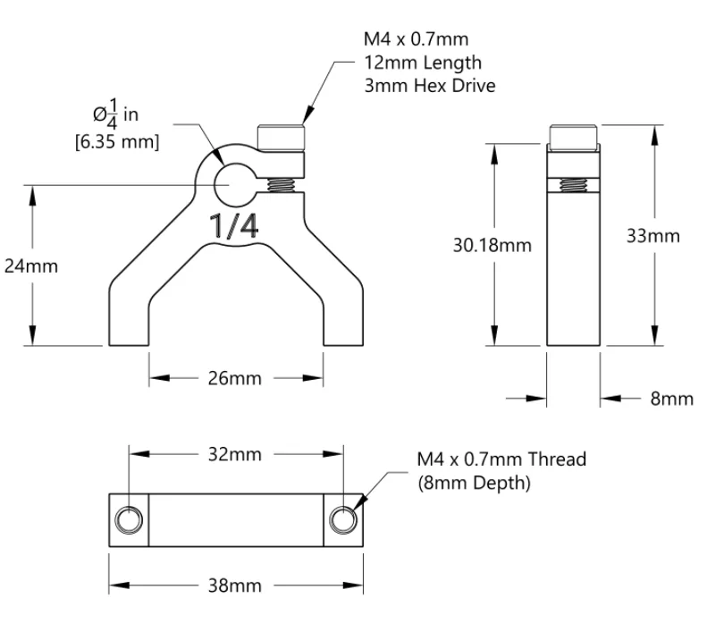 3400 Series 1-Side, 2-Post Clamping Mount (1/4" Bore) technical drawing