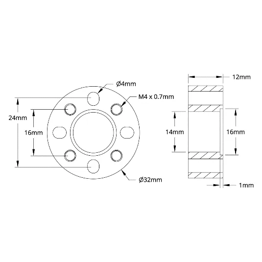 3504 Series 32mm OD Pattern Spacer (12mm Length) technical drawing