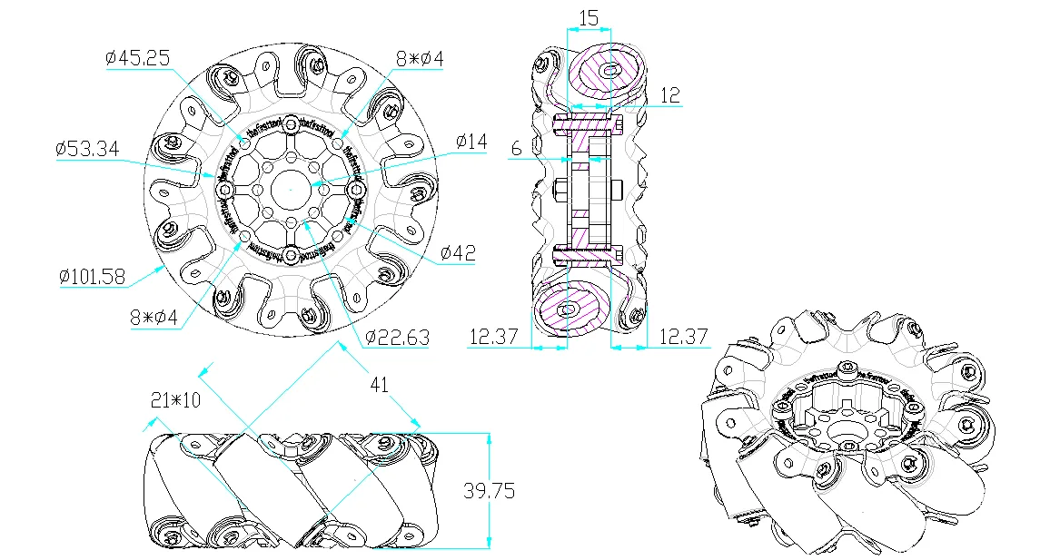4"steel Mecanum whee set technical drawing