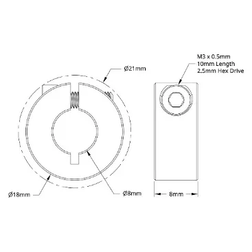 4910 Series Aluminum Clamping Collar (8mm ID x 18mm OD, 8mm Length) technical drawing