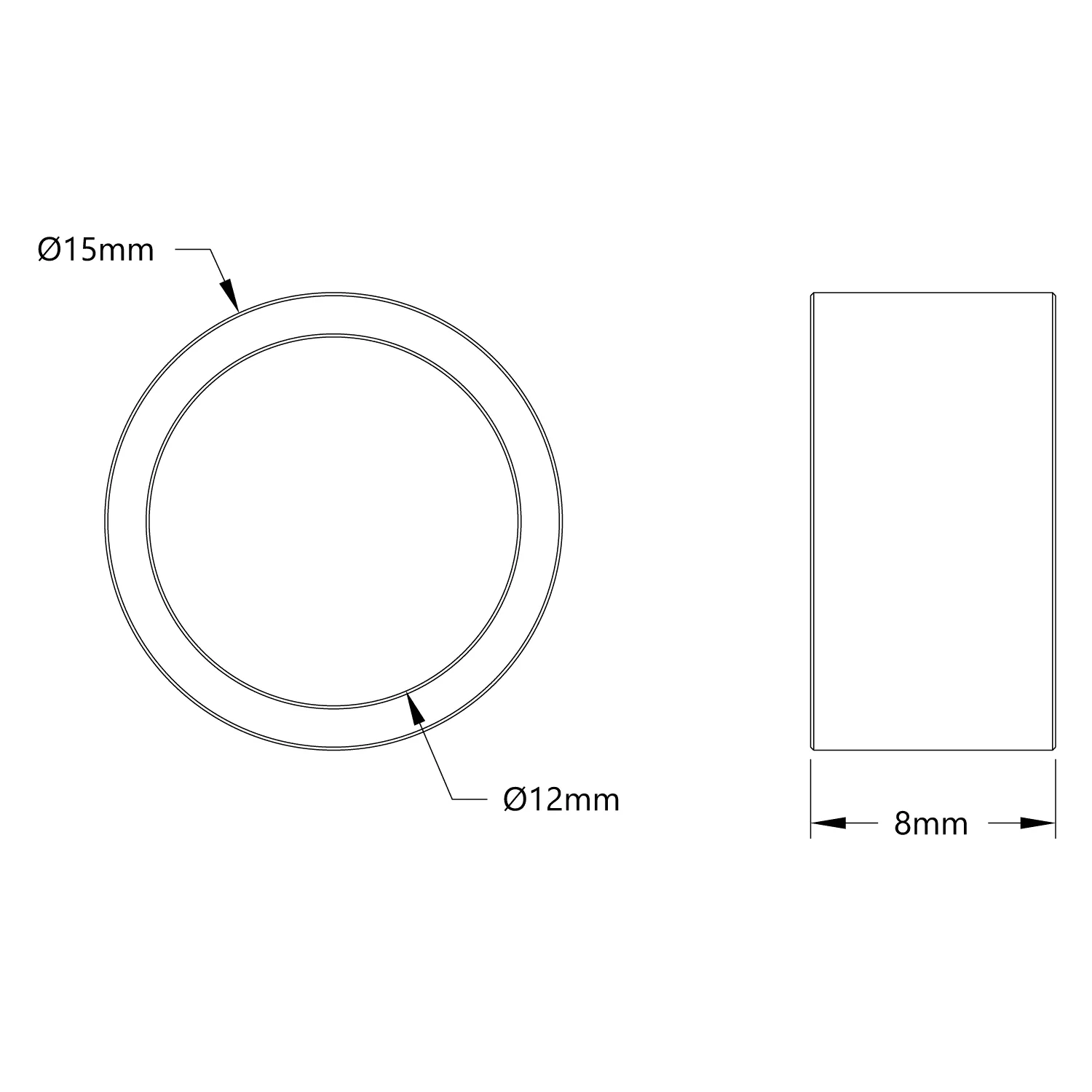 12mm ID Steel Spacer (15mm OD, 8mm Length) - 4 Pack technical drawing