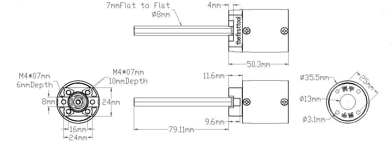 7104 Series Planetary Gearbox (71.2:1 Ratio, 80mm Length 8mm REX Shaft,) technical drawing