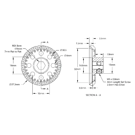 4315 Series Steel, MOD 1.25 Miter Gear (8mm REX Bore, 30 Tooth) technical drawing