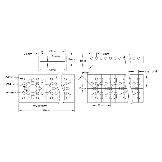 3121 Series Low-Side U-Channel (13 Hole, 336mm Length) technical drawing