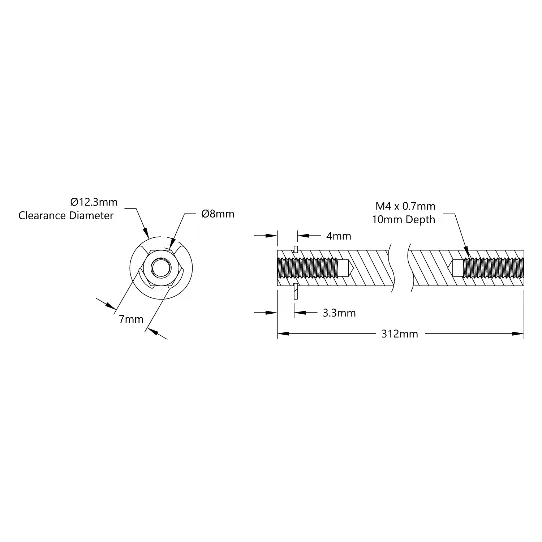 4106 Series Stainless Steel REX Shaft (8mm Diameter, 312mm Length) technical drawing