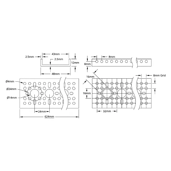 3121 Series Low-Side U-Channel (25 Hole, 624mm Length) technical drawing