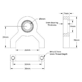3602 Series 1-Side, 2-Post Pillow Block (8mm Bore) technical drawing