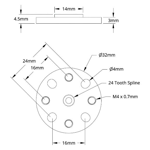 3906 Series Lightweight Servo Hub (24 Tooth Spline, 32mm Diameter) technical drawing