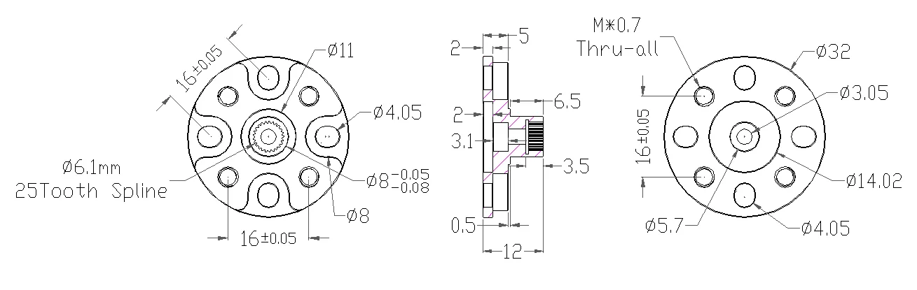 3910 Series Servo Hub-Shaft (25 Tooth Spline, 8mm Shaft Diameter, 12mm Length) technical drawing