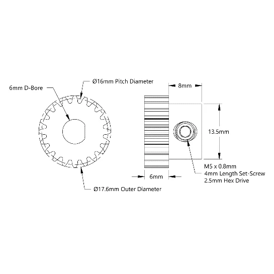 4303 Series Steel, MOD 0.8 Pinion Gear (6mm D-Bore, 20 Tooth) technical drawing