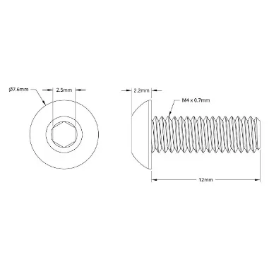 2802 Series Zinc-Plated Steel Button Head Screw (M4 x 0.7mm, 12mm Length) technical drawing
