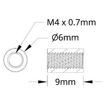 3501 Series M4 x 0.7mm Standoff (6mm OD, 9mm Length) technical drawing