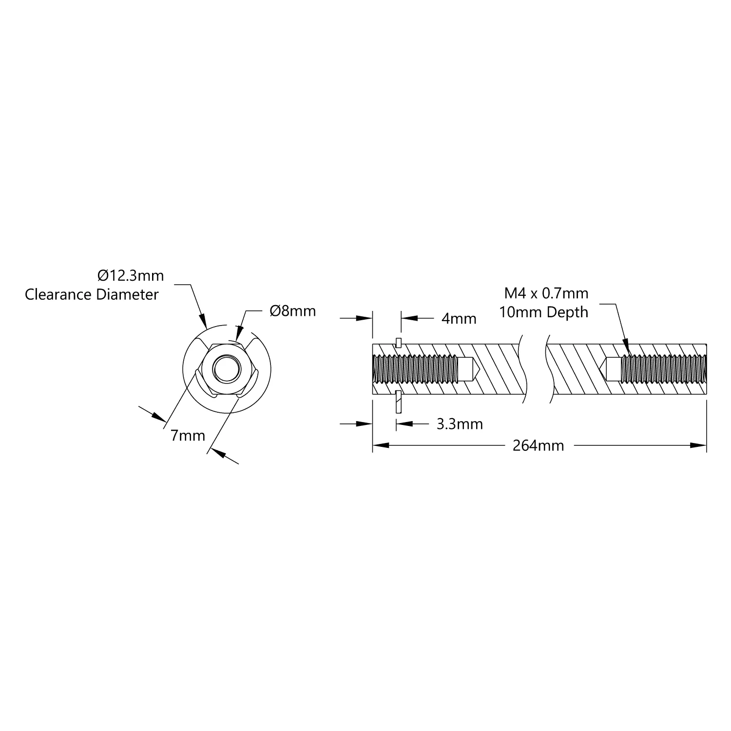 4106 Series Stainless Steel REX Shaft (8mm Diameter, 264mm Length) technical drawing