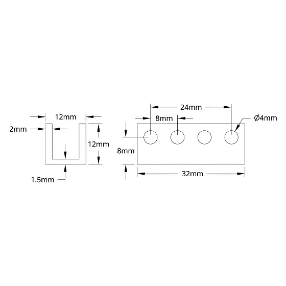 3101 Series U-Beam (4 Hole, 32mm Length) technical drawing
