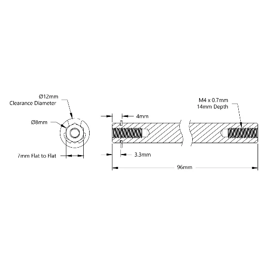4106 Series Stainless Steel REX Shaft (8mm Diameter, 96mm Length) technical drawing