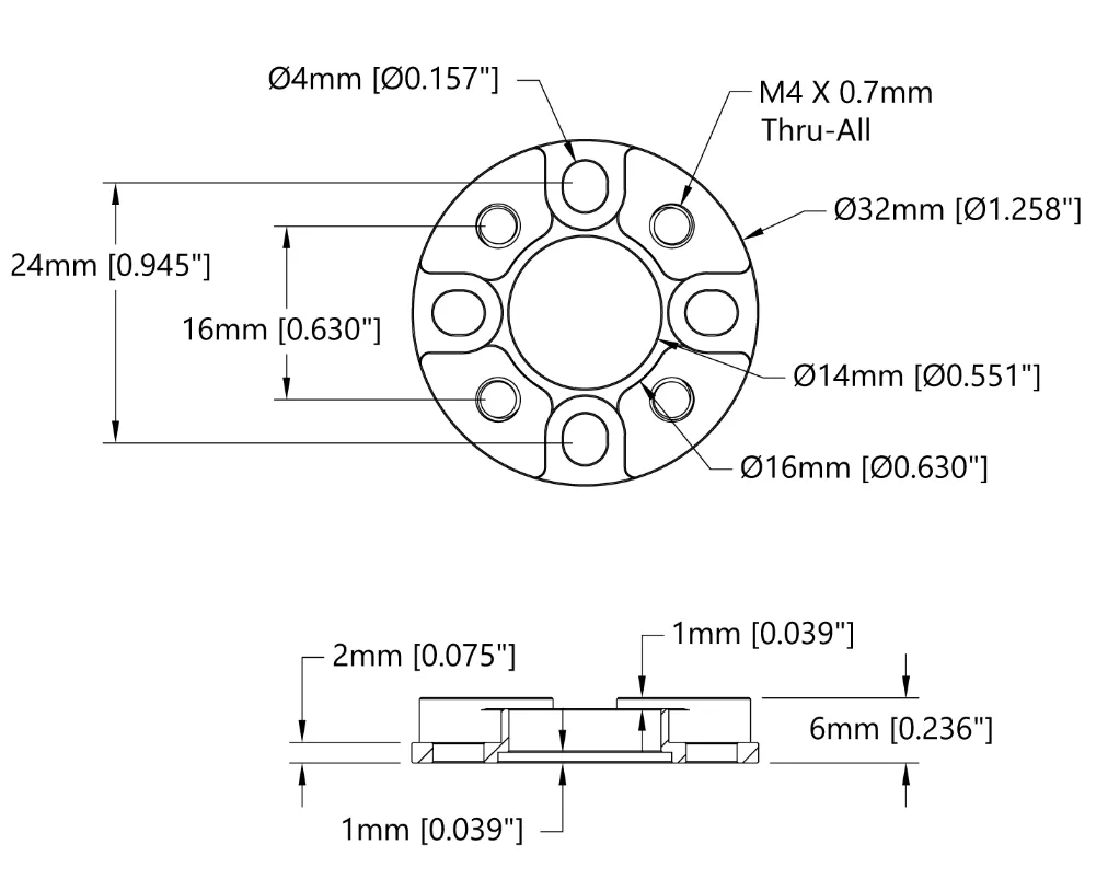 3505 Series 32mm OD Counterbored Pattern Spacer (6mm Length) technical drawing