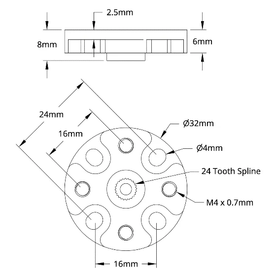 3908 Series Servo Hub (24 Tooth Spline, 32mm Diameter) technical drawing