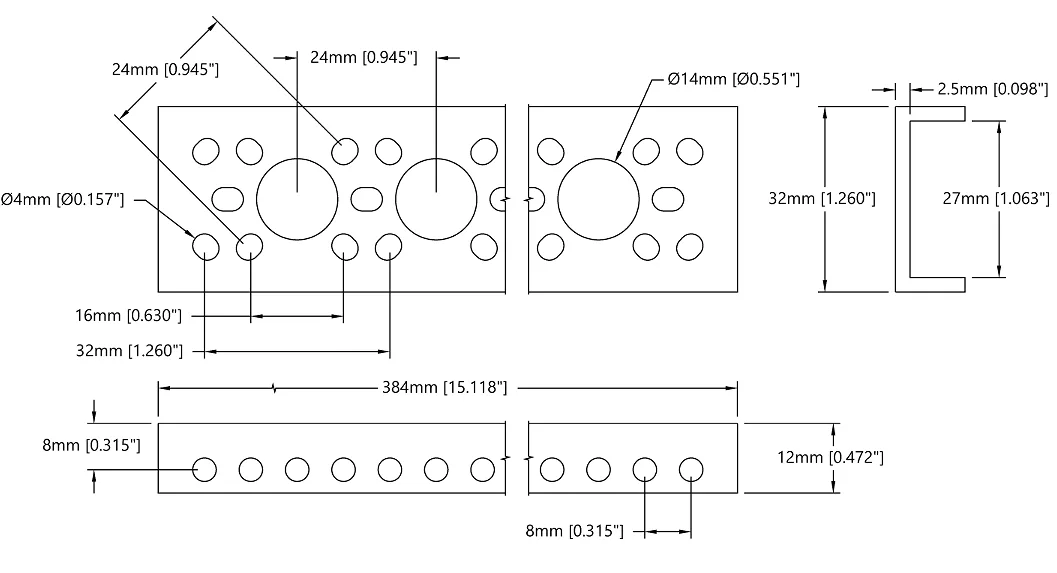 3143 Series Mini Low-Side U-Channel (15 Hole, 384mm Length) technical drawing