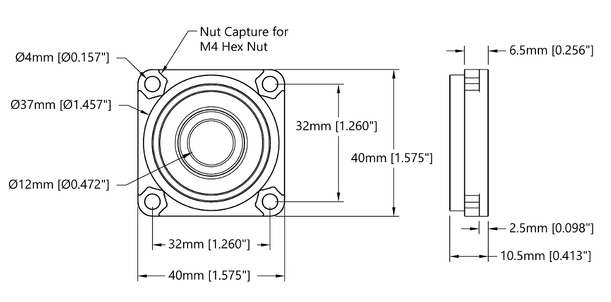 12mm Bore, Heavy-Duty Flange-Mount Bearing Pillow Block technical drawing