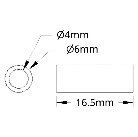 3502 Series 4mm ID Spacer (6mm OD, 16.5mm Length) technical drawing