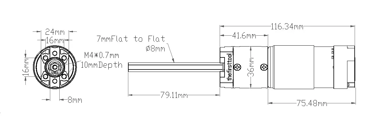 7204 Series Planetary Gear Motor (26.9:1 Ratio, 80mm Length 8mm REX Shaft, 223 RPM, 3.3 - 5V Encoder) technical drawing