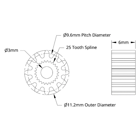 4307 Series Steel, MOD 0.8, Servo Gear (25 Tooth Spline, 12 Tooth) technical drawing