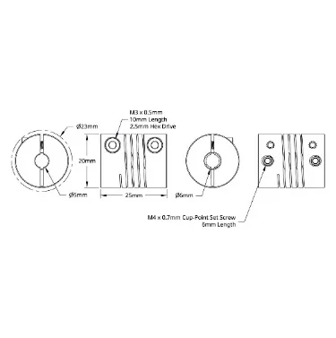 6002 Series Flexible Clamping Shaft Coupler (5mm Round Bore to 6mm Round Bore) technical drawing