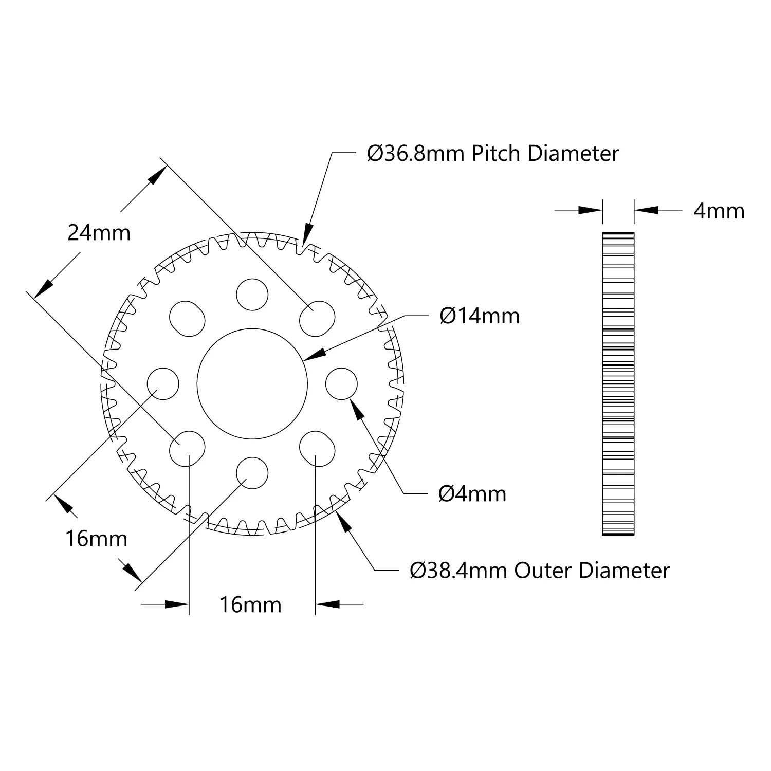 46 Tooth Aluminum Hub-Mount Gear (MOD 0.8, 4mm Thick , 14mm Bore) technical drawing
