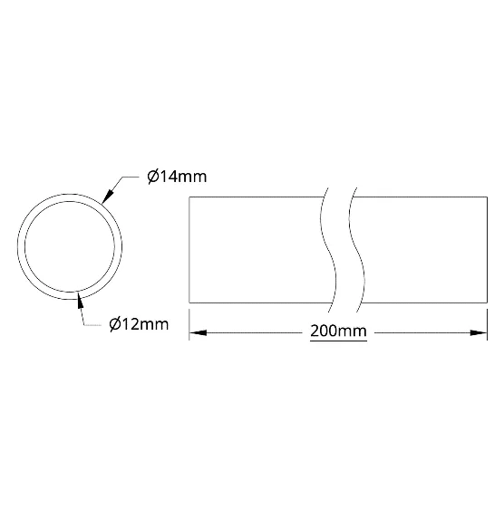 6100Series Aluminum Tube (12mm ID x 14mm OD, 200mm Length) technical drawing