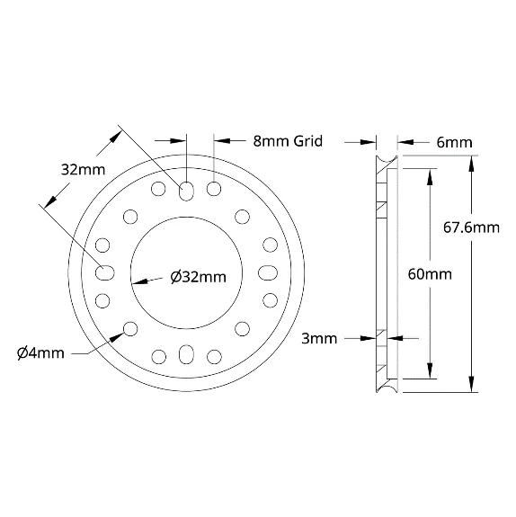5400 Series Hub Mount Round Belt Pulley (32mm Bore, 64mm PD) technical drawing