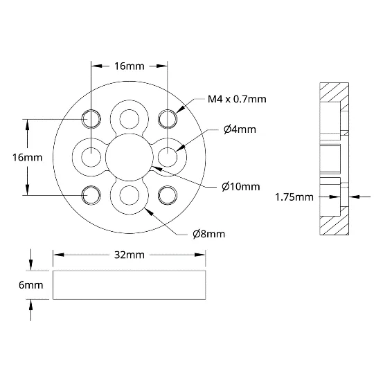 3511 Series 32mm OD Counterbored Pattern Spacer (6mm Length) technical drawing