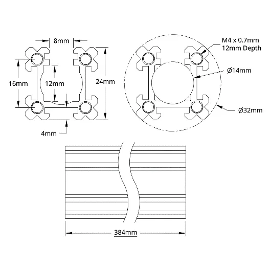 3118 Series Open goRUN (384mm Length) technical drawing