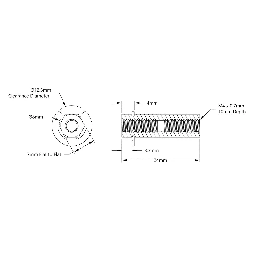4106 Series Stainless Steel REX Shaft (8mm Diameter, 24mm Length) technical drawing