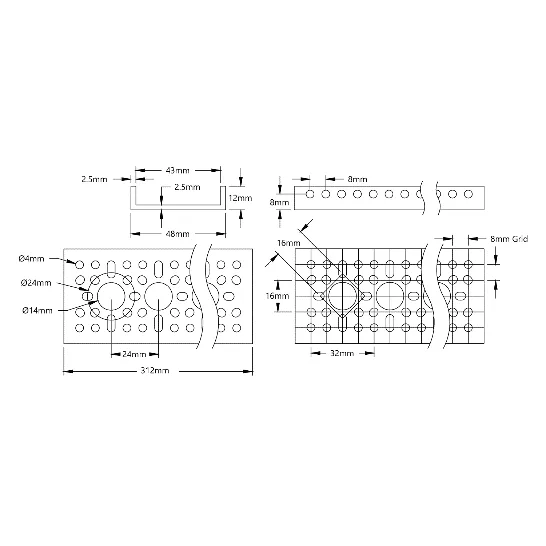 3121 Series Low-Side U-Channel (12 Hole, 312mm Length) technical drawing