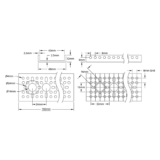 3121 Series Low-Side U-Channel (7 Hole, 192mm Length) technical drawing